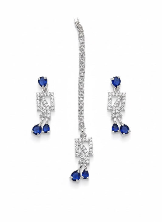 Luxury Sapphire & Diamond Toned Jewelry Set - Necklace, Earrings & Maang Tikka