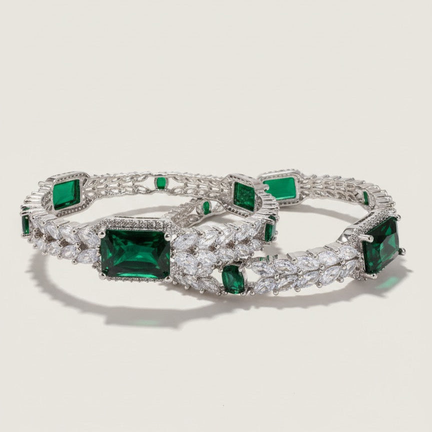 Pair of Emerald Green Stone Bangles in Silver Finish with Simulated Carat Stones