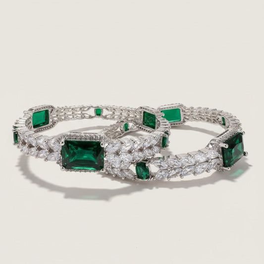 Pair of Emerald Green Stone Bangles in Silver Finish with Simulated Carat Stones