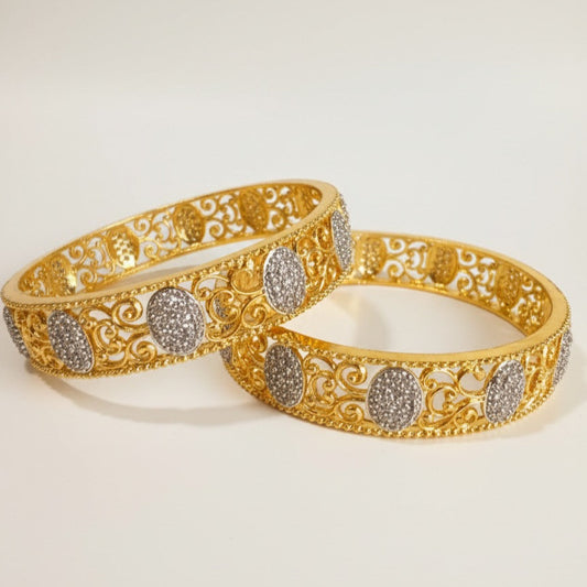 Pair of Gold Plated Bangles with Silver Stone Detailing – Elegant Filigree Design