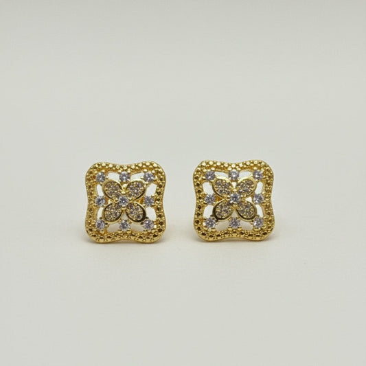 Gold Plated Cubic Zirconia Stud Earrings, Dainty Flower Square Studs