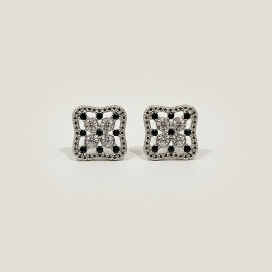 Silver Clover Stud Earrings with Black & Clear Crystals
