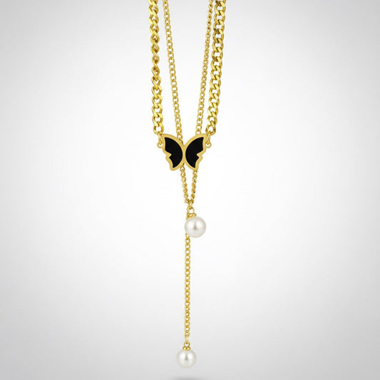 Gold Plated Stainless Steel Black Butterfly & Pearl Y-Chain Necklace - Dainty & Durable