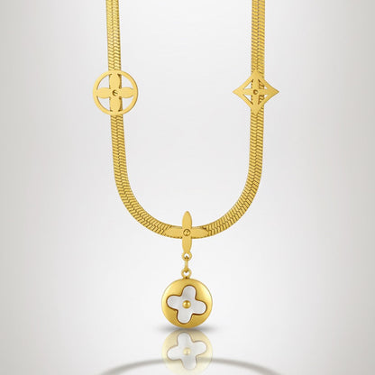 Gold Plated Stainless Steel Serpent Chain Necklace - Floral Clover Charms & Mother of Pearl Inlay