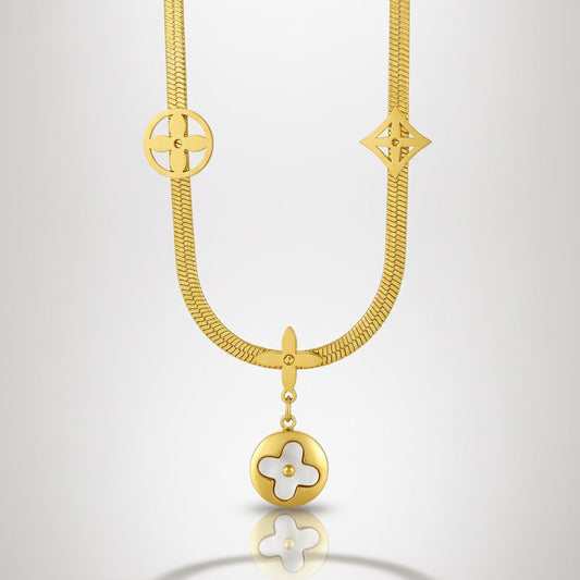 Gold Plated Stainless Steel Serpent Chain Necklace - Floral Clover Charms & Mother of Pearl Inlay