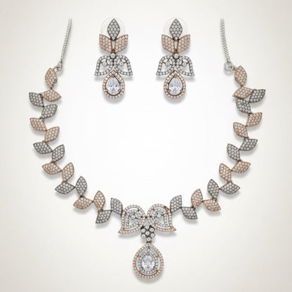 Rose Gold & Silver Plated Cubic Zirconia Leaf-Motif Necklace Set