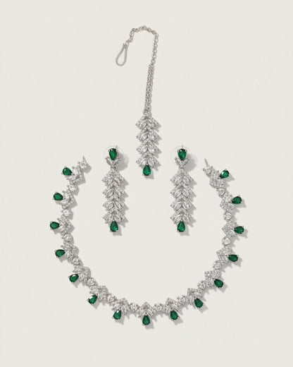 Emerald Green & Cubic Zirconia Drop Necklace Set - Silver Plated, Adjustable