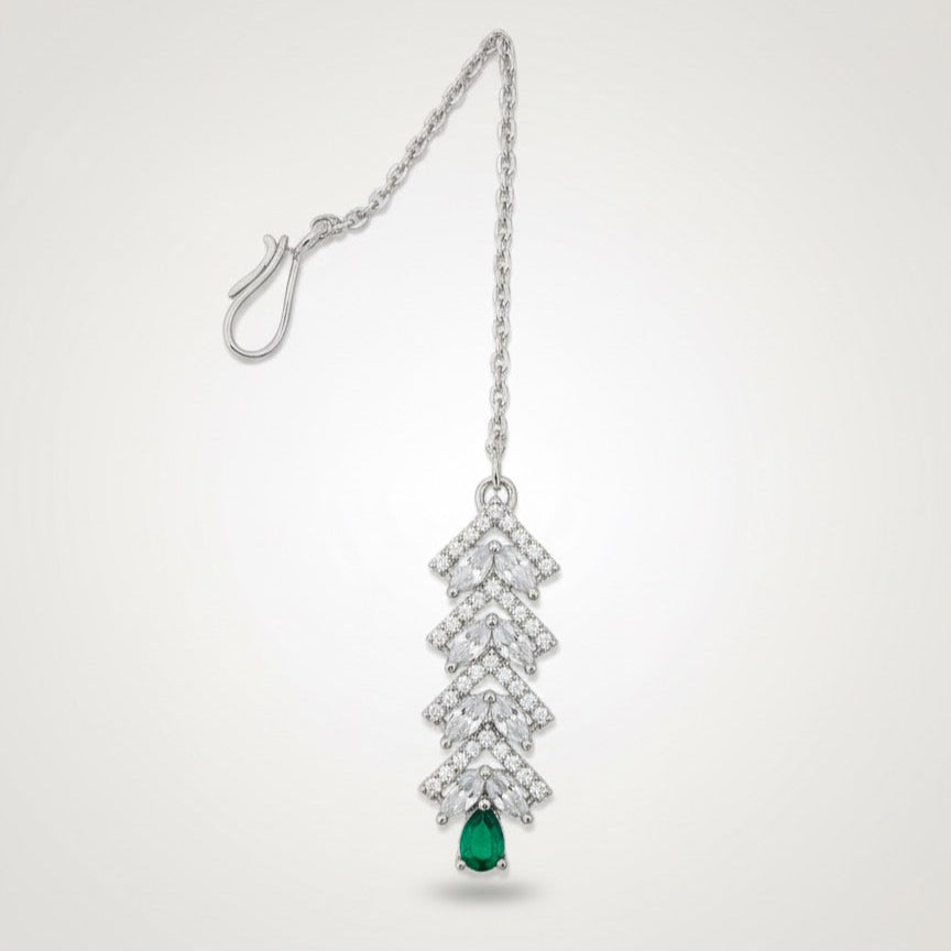 Emerald Green & Cubic Zirconia Drop Necklace Set - Silver Plated, Adjustable