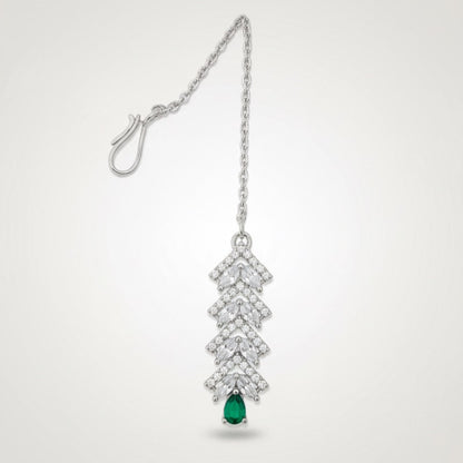 Emerald Green & Cubic Zirconia Drop Necklace Set - Silver Plated, Adjustable
