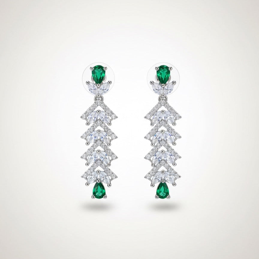 Emerald Green & Cubic Zirconia Drop Necklace Set - Silver Plated, Adjustable