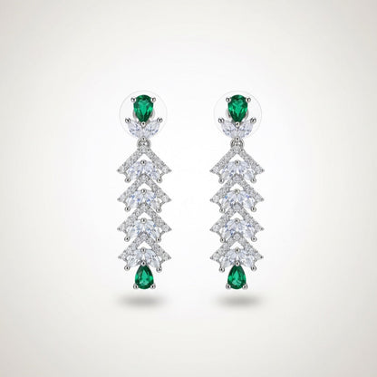 Emerald Green & Cubic Zirconia Drop Necklace Set - Silver Plated, Adjustable