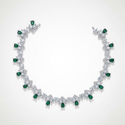 Emerald Green & Cubic Zirconia Drop Necklace Set - Silver Plated, Adjustable
