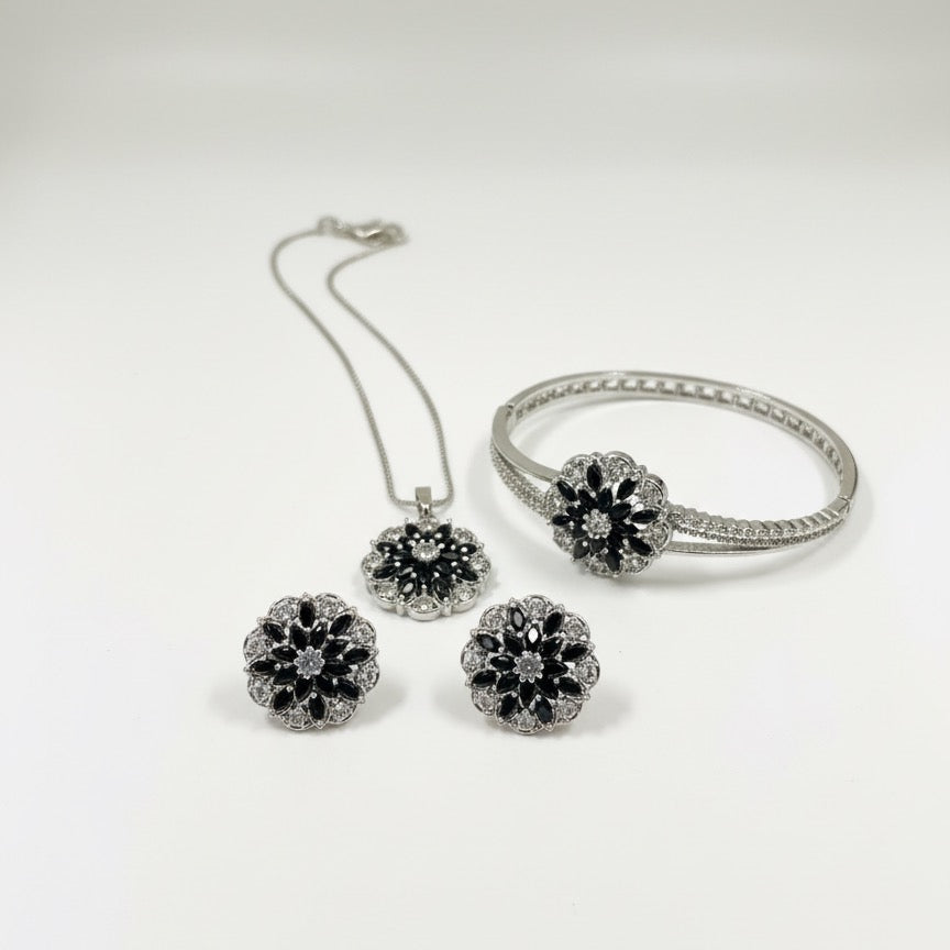 Sterling Silver Black & White Floral Jewelry Set - Stud Earrings, Pendant Necklace & Bangle Bracelet