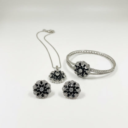 Sterling Silver Black & White Floral Jewelry Set - Stud Earrings, Pendant Necklace & Bangle Bracelet