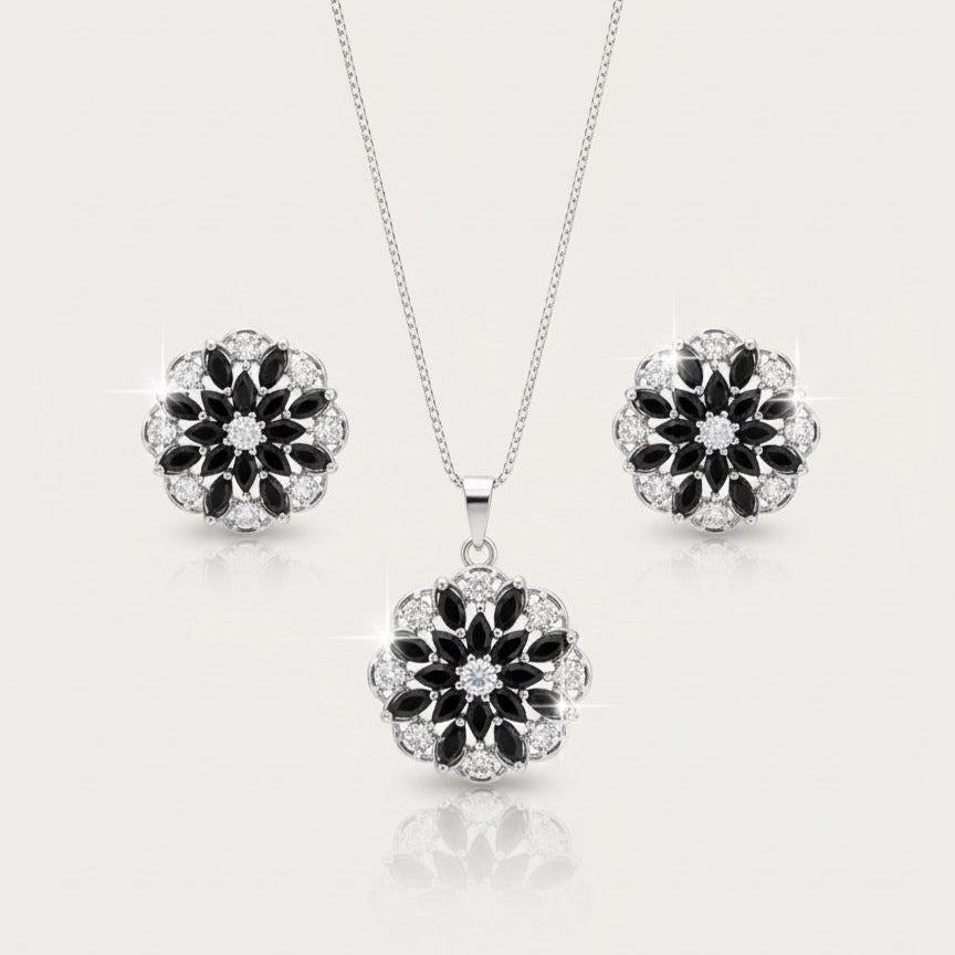 Sterling Silver Black & White Floral Jewelry Set - Stud Earrings, Pendant Necklace & Bangle Bracelet