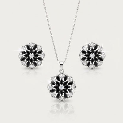 Sterling Silver Black & White Floral Jewelry Set - Stud Earrings, Pendant Necklace & Bangle Bracelet
