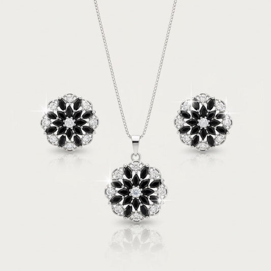 Sterling Silver Black & White Floral Jewelry Set - Stud Earrings, Pendant Necklace & Bangle Bracelet