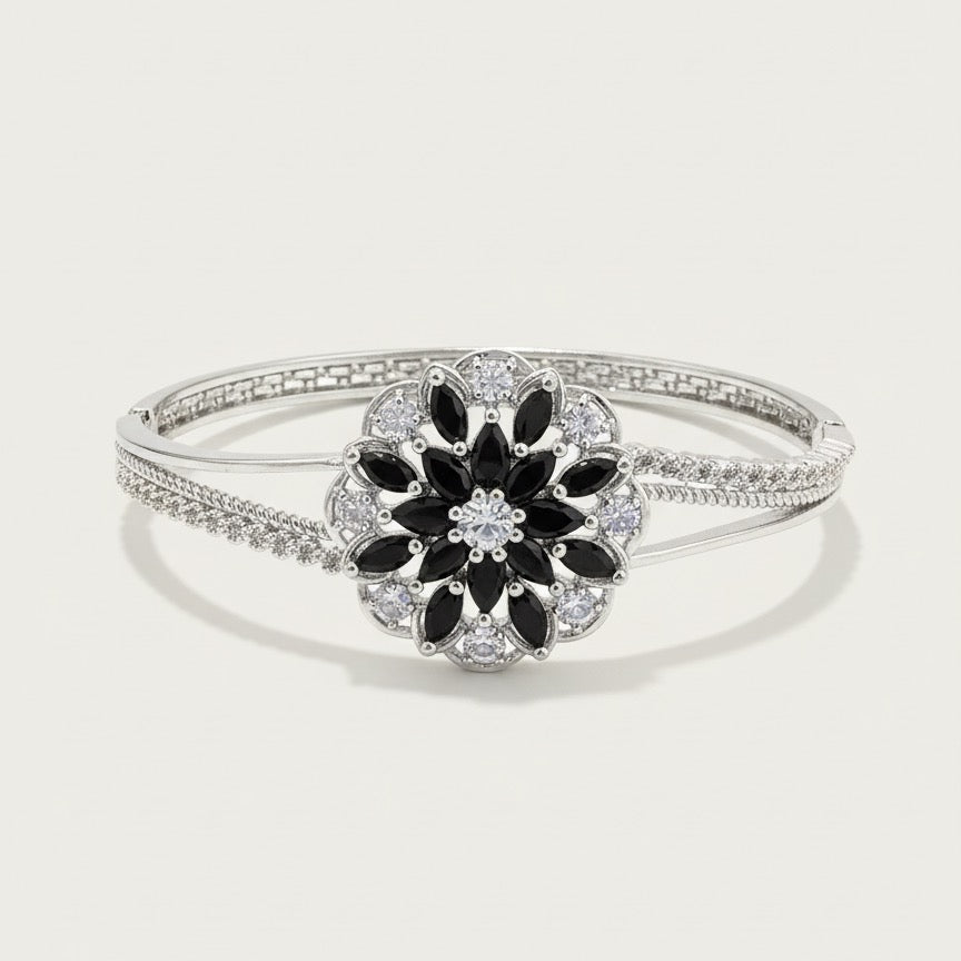 Sterling Silver Black & White Floral Jewelry Set - Stud Earrings, Pendant Necklace & Bangle Bracelet