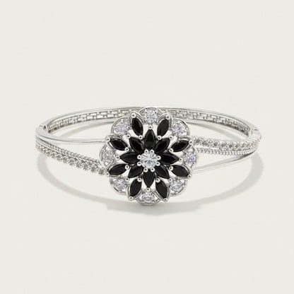 Sterling Silver Black & White Floral Jewelry Set - Stud Earrings, Pendant Necklace & Bangle Bracelet