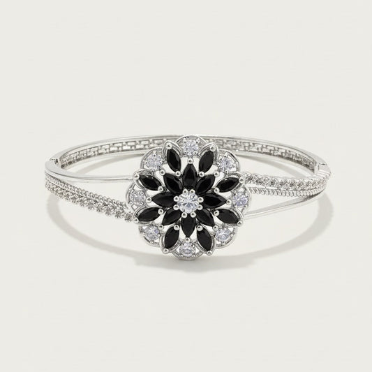 Sterling Silver Black & White Floral Jewelry Set - Stud Earrings, Pendant Necklace & Bangle Bracelet