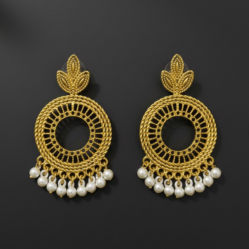 Gold Plated Jhumka Earrings with Faux Pearls | Filigree and Twisted Rope Design | Traditional Indian Jewelry