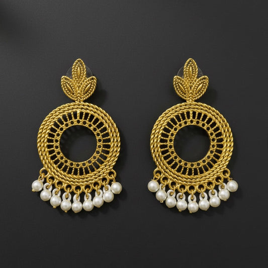 Gold Plated Jhumka Earrings with Faux Pearls | Filigree and Twisted Rope Design | Traditional Indian Jewelry