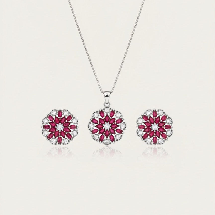 Sterling Silver Black & White Floral Jewelry Set - Stud Earrings, Pendant Necklace & Bangle Bracelet