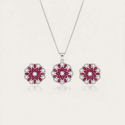 Sterling Silver Black & White Floral Jewelry Set - Stud Earrings, Pendant Necklace & Bangle Bracelet