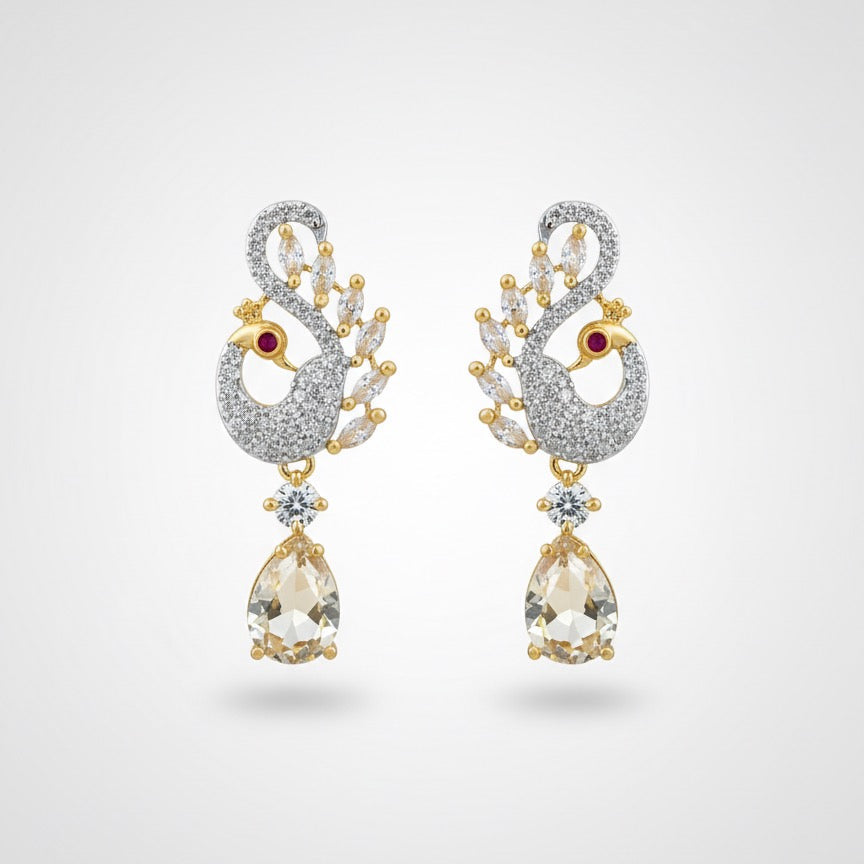 Peacock Gold Plated Zircon & Ruby Dangle Earrings – Premium CZ Stone & Citrine Drop Dangler