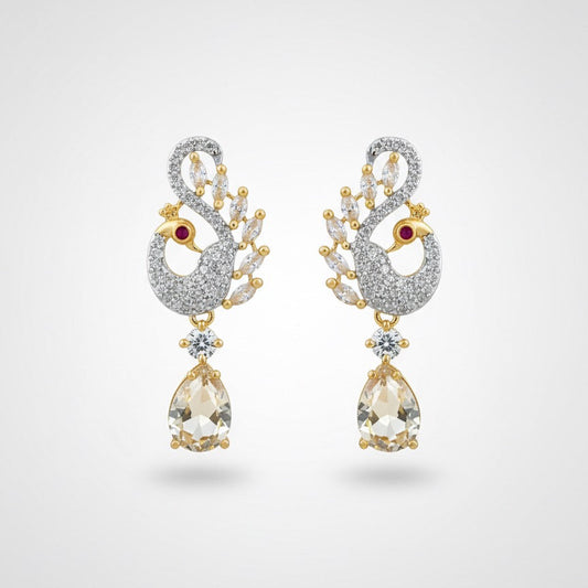 Peacock Gold Plated Zircon & Ruby Dangle Earrings – Premium CZ Stone & Citrine Drop Dangler
