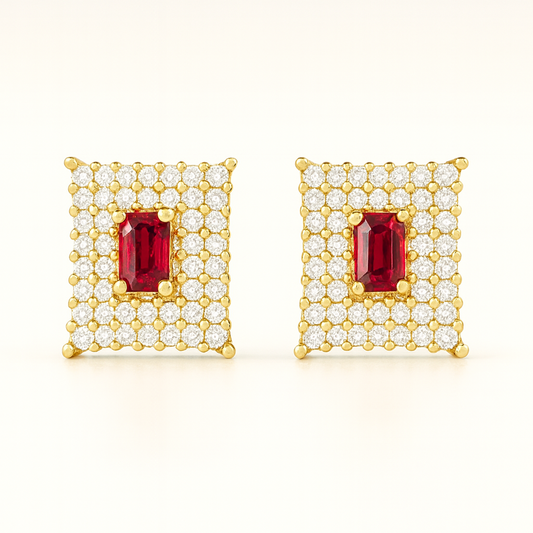 Gold-Plated Rectangular Stud Earrings with Red Ruby Center & Cubic Zirconia Pave – Elegant Square Design
