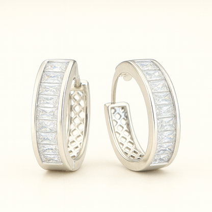 Silver-Plated Square Hoop Earrings with Princess-Cut Cubic Zirconia