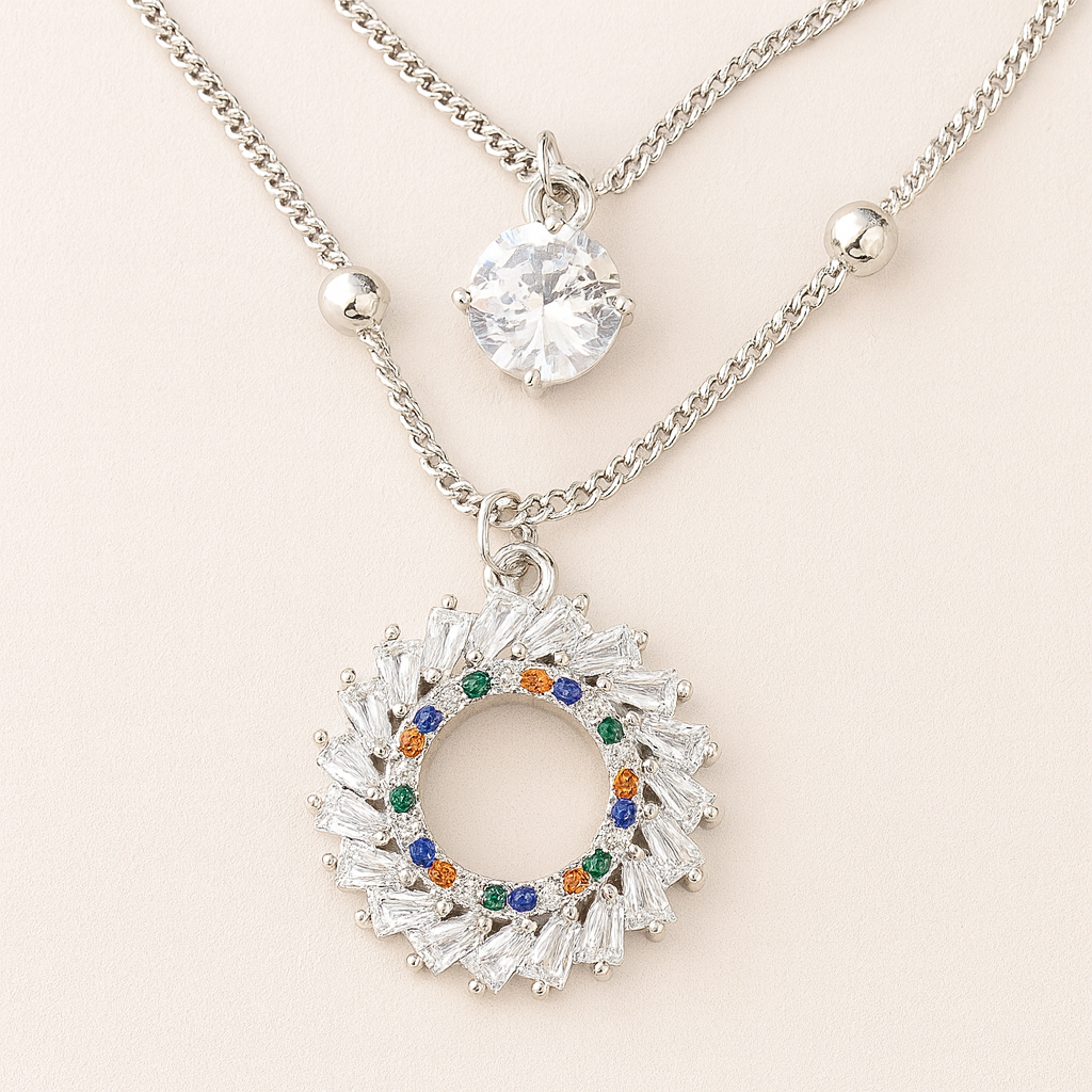 Silver-Plated Layered Pendant Necklace with Crystal & Multicolor Wreath Charm – Elegant Double Chain Design