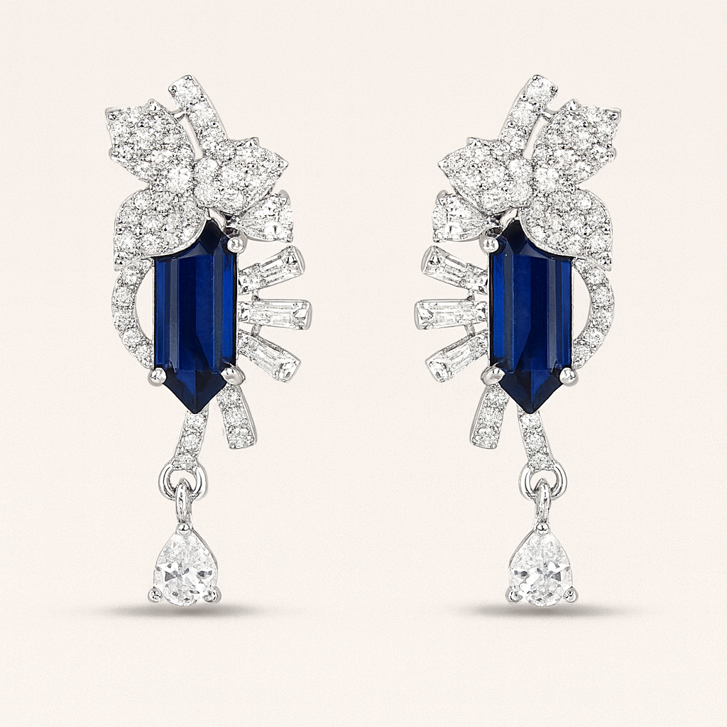 Sterling Silver Sapphire & Cubic Zirconia Drop Earrings – Luxury Floral Cluster Design