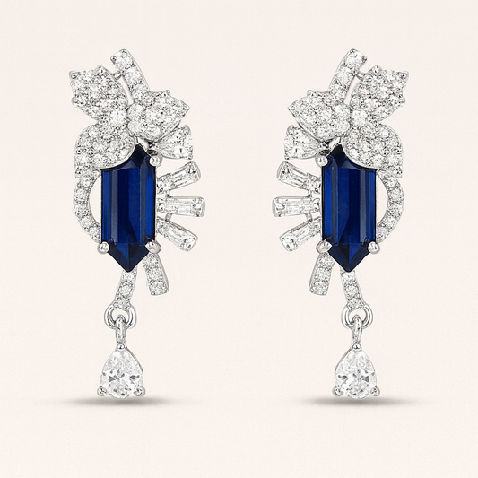 Sterling Silver Sapphire & Cubic Zirconia Drop Earrings – Luxury Floral Cluster Design
