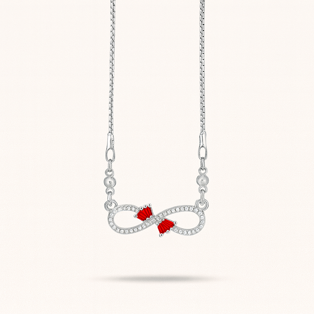 Sterling Silver Infinity Necklace with Red Accents – Dainty CZ Pendant, Adjustable Chain