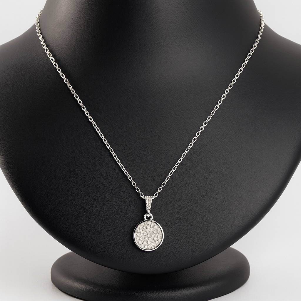 Sterling Silver Plated Round Pave Necklace & Earrings Set – Elegant CZ Jewelry, Minimalist Design