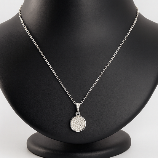 Sterling Silver Plated Round Pave Necklace & Earrings Set – Elegant CZ Jewelry, Minimalist Design