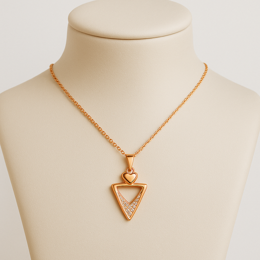 Gold-Plated Triangle & Heart Jewelry Set – Necklace with Pendant and Matching Earrings, Modern Geometric Design