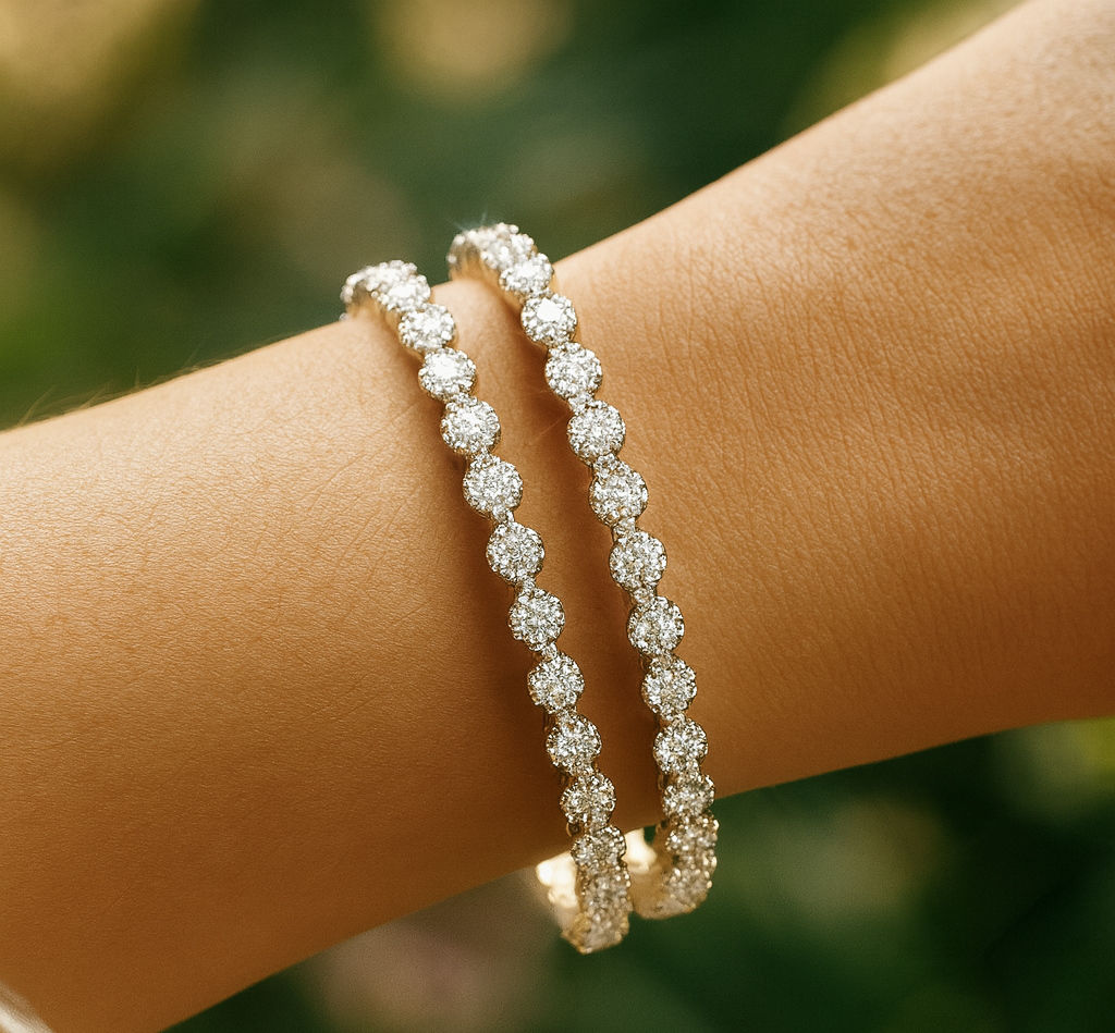 Sterling Silver Crystal-Studded Bangles – Round Zirconia Stone Set