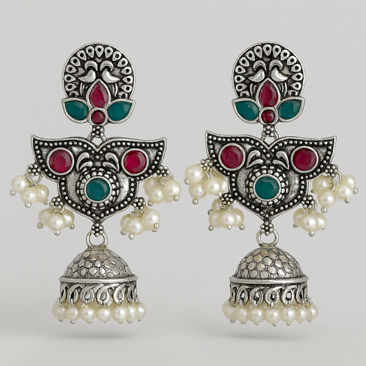 Oxidized Silver Jhumka Earrings with Red & Green Stones – Traditional Pearl Drop