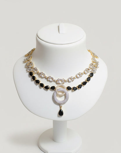 Two-Tone Black & White Stone Interlocking Circles Jewelry Set - Necklace, Drop Earrings & Headpiece