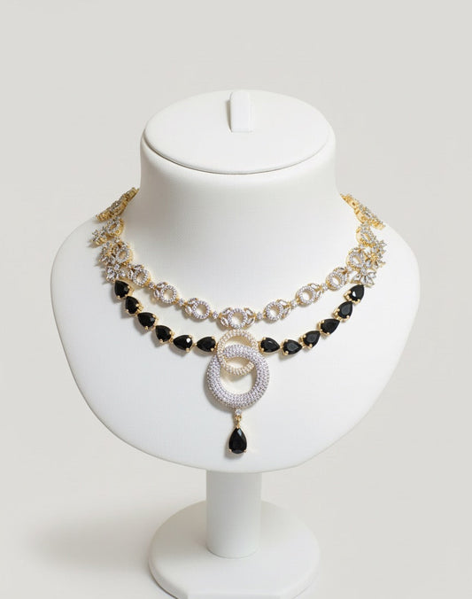 Two-Tone Black & White Stone Interlocking Circles Jewelry Set - Necklace, Drop Earrings & Headpiece