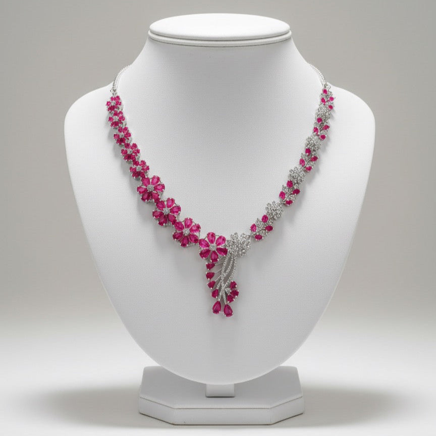 Elegant silver necklace with pink gemstone flowers displayed on white stand