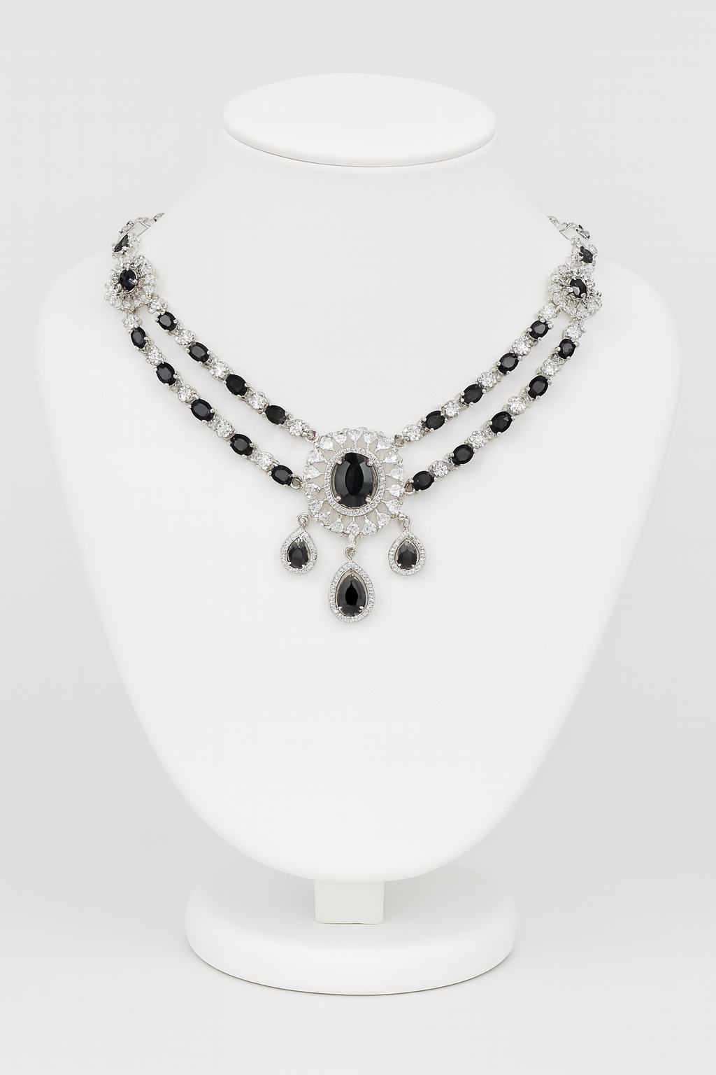 Black & White Stone Statement Jewelry Set - Necklace, Chandelier Earrings & Headpiece