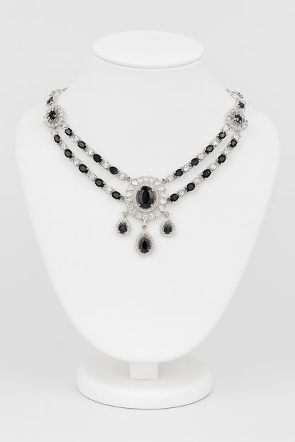 Black & White Stone Statement Jewelry Set - Necklace, Chandelier Earrings & Headpiece