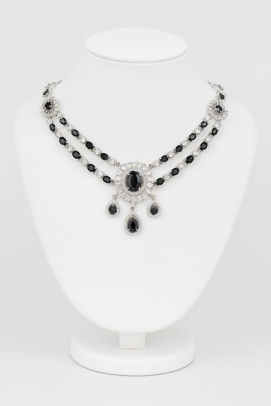 Black & White Stone Statement Jewelry Set - Necklace, Chandelier Earrings & Headpiece