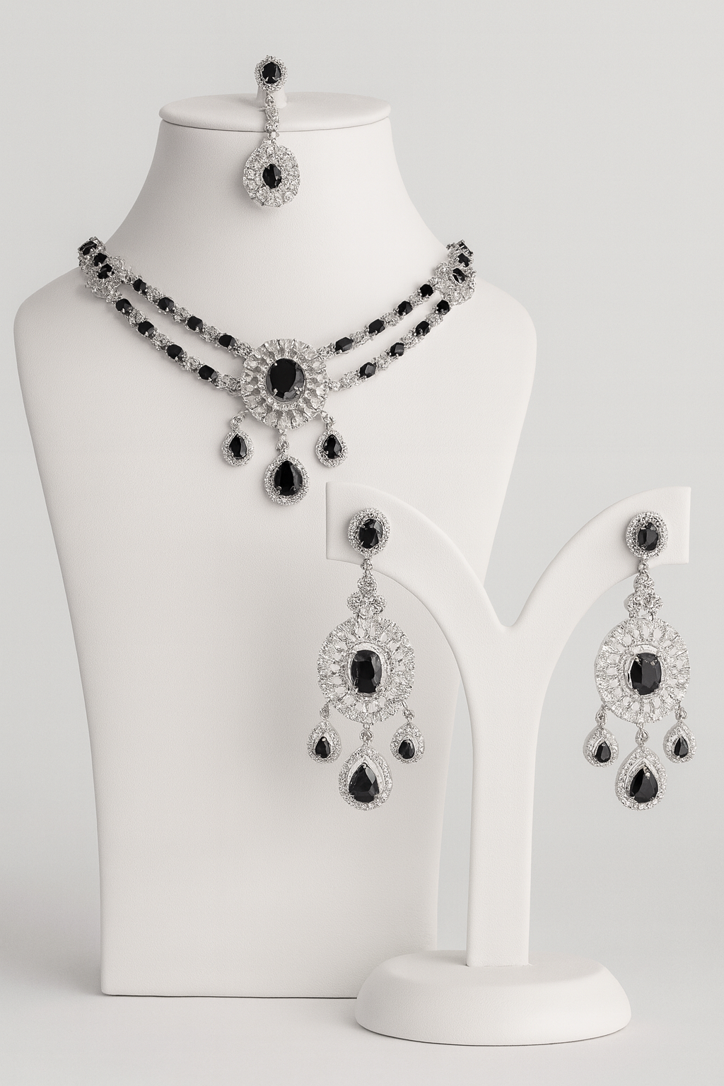 Black & White Stone Statement Jewelry Set - Necklace, Chandelier Earrings & Headpiece