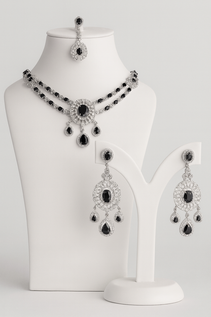 Black & White Stone Statement Jewelry Set - Necklace, Chandelier Earrings & Headpiece