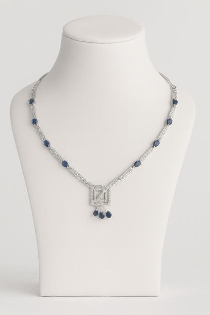 Luxury Sapphire & Diamond Toned Jewelry Set - Necklace, Earrings & Maang Tikka
